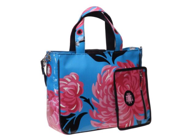 TOTE BAG TORQUOISE AND FUXIA COLURS WITH FLORAL FANTASY. GLAM MODEL MADE OF LORRY TARPAULIN. - Unique Pieces Paul Meccanico