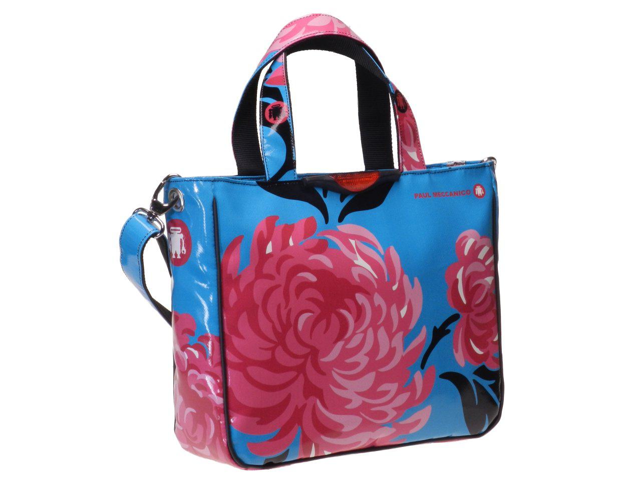 TOTE BAG TORQUOISE AND FUXIA COLURS WITH FLORAL FANTASY. GLAM MODEL MADE OF LORRY TARPAULIN. - Unique Pieces Paul Meccanico