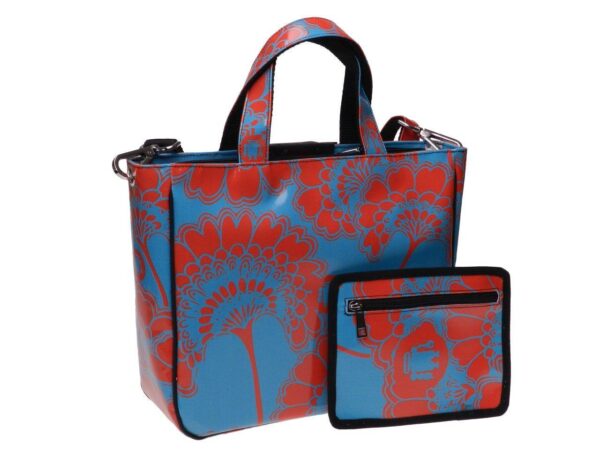 TOTE BAG TURQUOISE AND RED FLORAL FANTASY. GLAM MODEL MADE OF LORRY TARPAULIN. - Unique Pieces Paul Meccanico