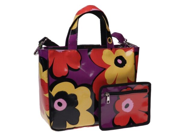 TOTE BAG VIOLET, BLACK, RED AND YELLOW COLOURS FLORAL FANTASY. GLAM MODEL MADE OF LORRY TARPAULIN. - Unique Pieces Paul Meccanico