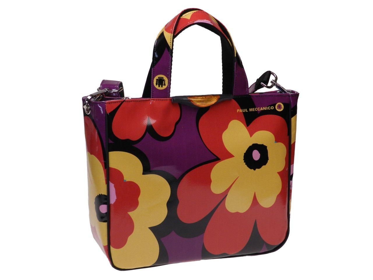 TOTE BAG VIOLET, BLACK, RED AND YELLOW COLOURS FLORAL FANTASY. GLAM MODEL MADE OF LORRY TARPAULIN. - Unique Pieces Paul Meccanico