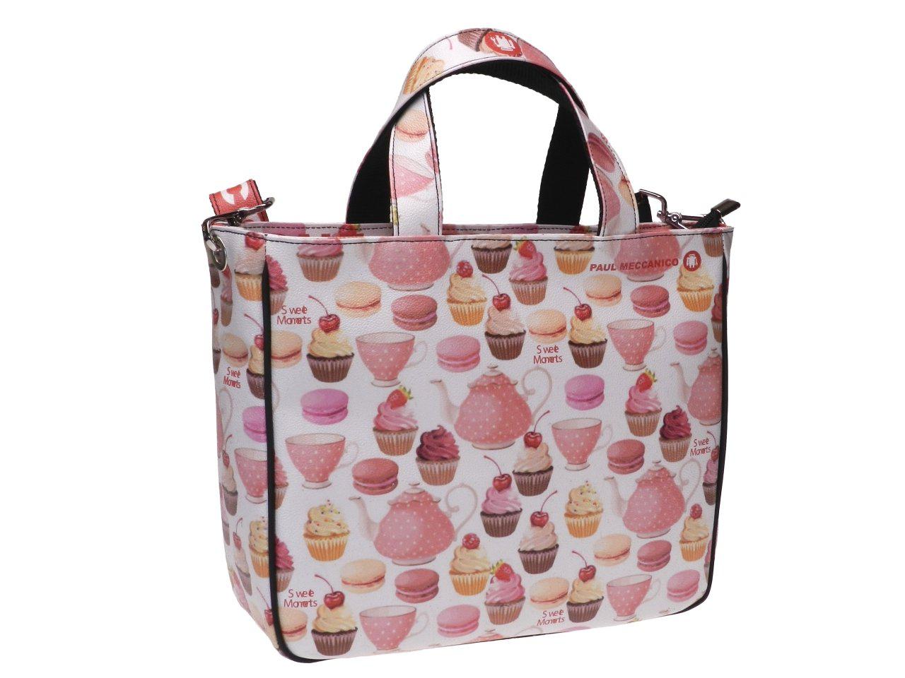 TOTE BAG WHITE COLOUR WITH PRINT DESSERTS. GLAM MODEL HAMMERED SYNTHETIC LEATHER. - Unique Pieces Paul Meccanico