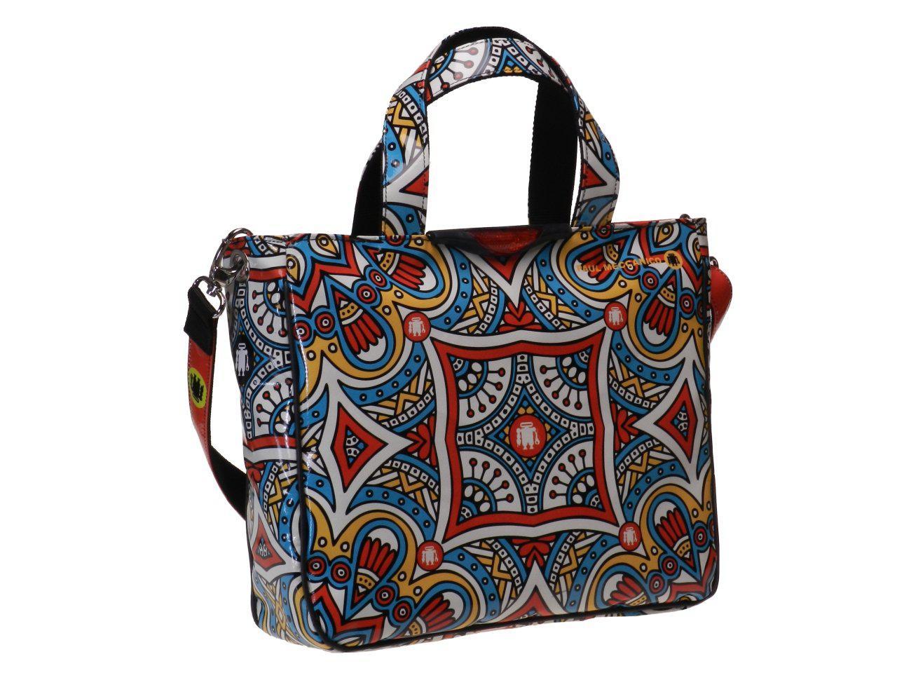 TOTE BAG WHITE, RED AND LIGHT BLUE COLOURS WITH MAJOLICA FANTASY. GLAM MODEL MADE OF LORRY TARPAULIN. - Unique Pieces Paul Meccanico