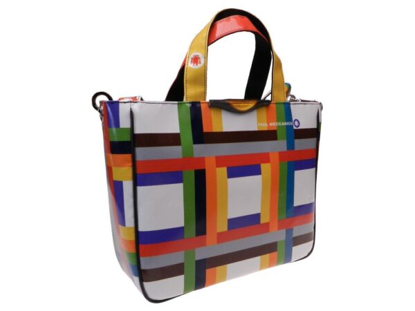 TOTE BAG WHITE WITH MULTI-COLOR WOVEN FANTASY . GLAM MODEL MADE OF LORRY TARPAULIN. - Unique Pieces Paul Meccanico