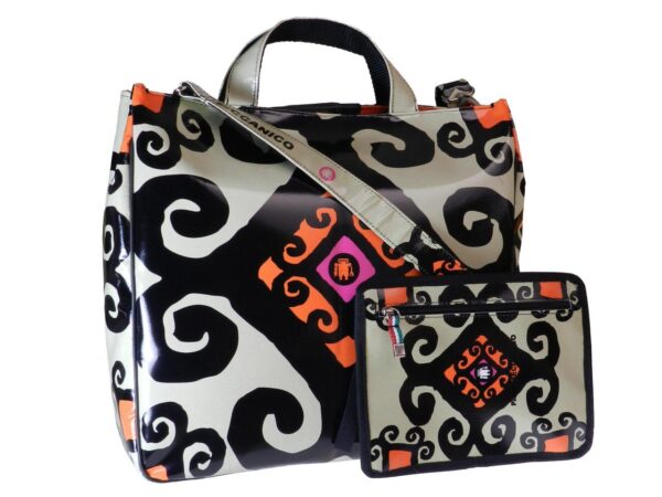 TOTE BAG WITH ETHNIC FANTASY. AIRSTONE MODEL MADE OF LORRY TARPAULIN ECRU COLOUR. - Unique Pieces Paul Meccanico