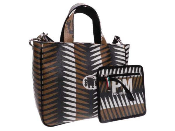 TOTE BAG WITH ETHNIC PATTERN IN WHITE BLACK AND BROWN COLOURS. GLAM MODEL MADE OF HAMMERED FAUX LEATHER. - Unique Pieces Paul Meccanico
