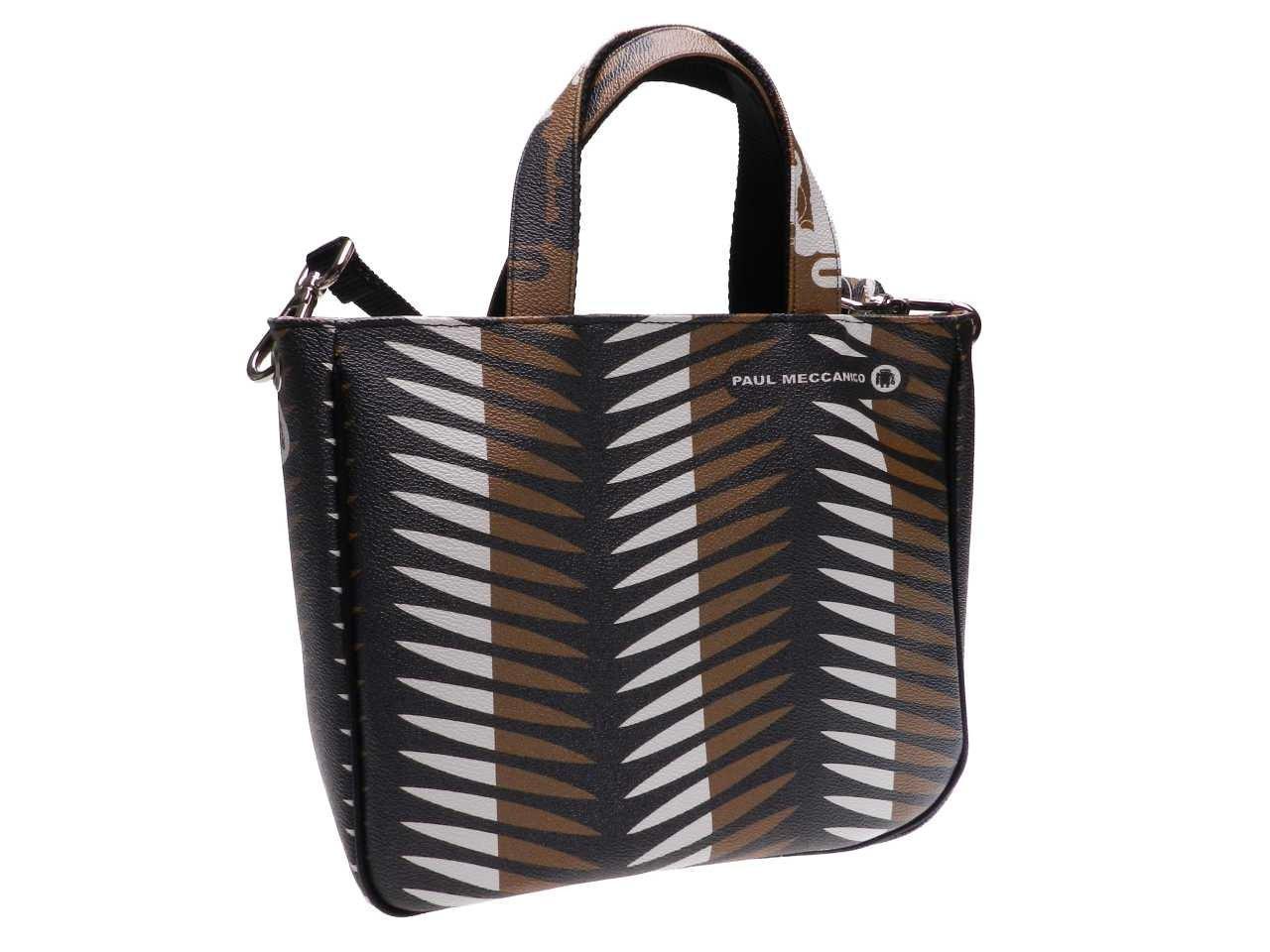 TOTE BAG WITH ETHNIC PATTERN IN WHITE BLACK AND BROWN COLOURS. GLAM MODEL MADE OF HAMMERED FAUX LEATHER. - Unique Pieces Paul Meccanico
