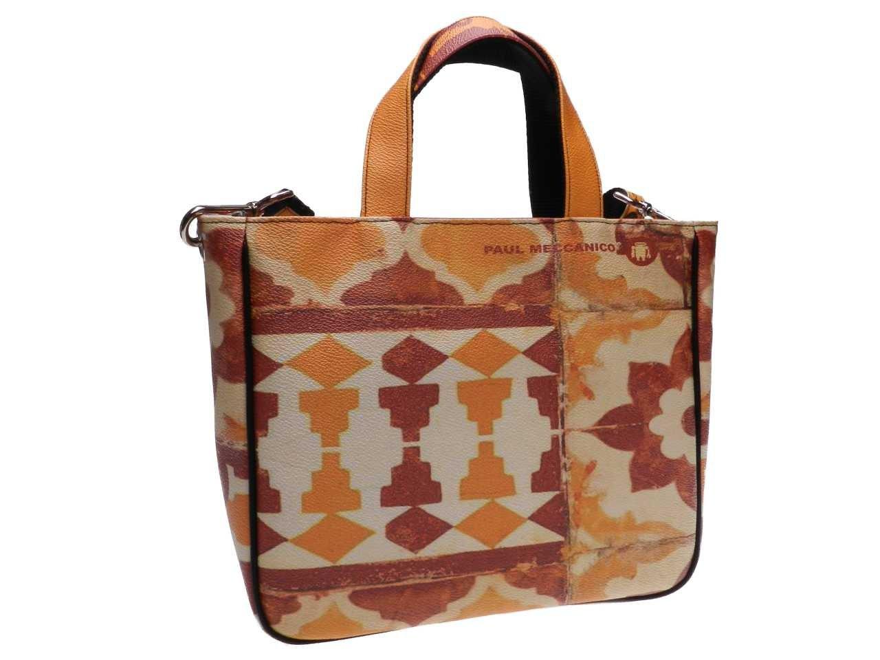 TOTE BAG WITH MAJOLICA PATTERN IN BEIGE, YELLOW AND BROWN COLOURS. GLAM MODEL MADE OF HAMMERED FAUX LEATHER. - Unique Pieces Paul Meccanico