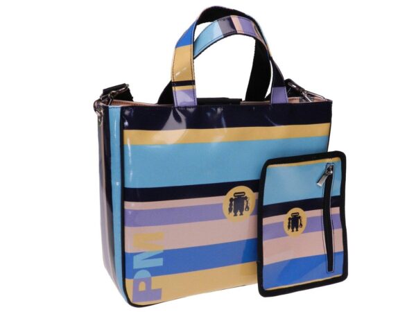 TOTE BAG WITH MULTICOLORED LINES GLAM MODEL MADE OF LORRY TARPAULIN. - Unique Pieces Paul Meccanico