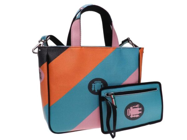 TOTE BAG WITH ORANGE AQUAMARINE AND PINK MAXI STRIPED. GLAM MODEL MADE OF HAMMERED FAUX LEATHER. - Unique Pieces Paul Meccanico