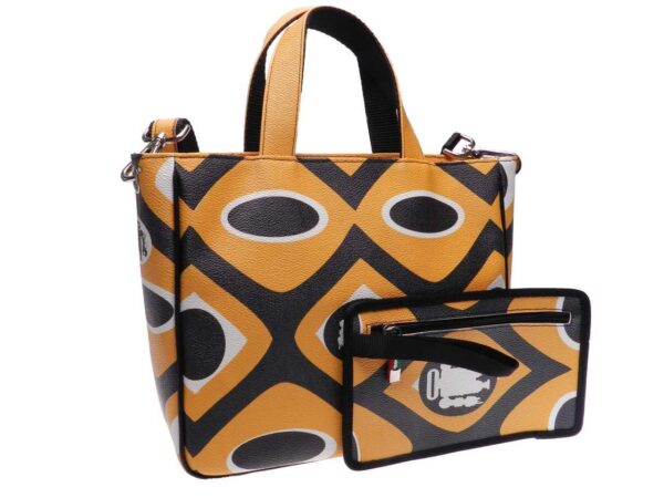TOTE BAG WITH YELLOW AND BLACK ETHNIC PATTERN ‘70S STYLE. GLAM MODEL MADE OF HAMMERED FAUX LEATHER. - Unique Pieces Paul Meccanico