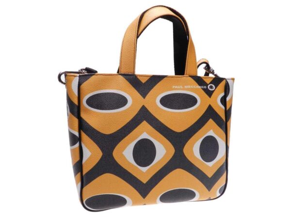 TOTE BAG WITH YELLOW AND BLACK ETHNIC PATTERN ‘70S STYLE. GLAM MODEL MADE OF HAMMERED FAUX LEATHER. - Unique Pieces Paul Meccanico