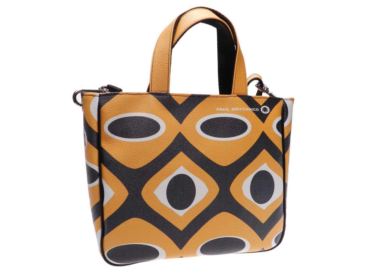 TOTE BAG WITH YELLOW AND BLACK ETHNIC PATTERN ‘70S STYLE. GLAM MODEL MADE OF HAMMERED FAUX LEATHER. - Unique Pieces Paul Meccanico