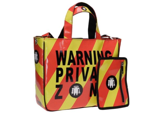 TOTE RED AND YELLOW STRIPES WITH "DON'T TOUCH MY BAG". MODEL GLAM MADE OF LORRY TARPAULIN. - Unique Pieces Paul Meccanico