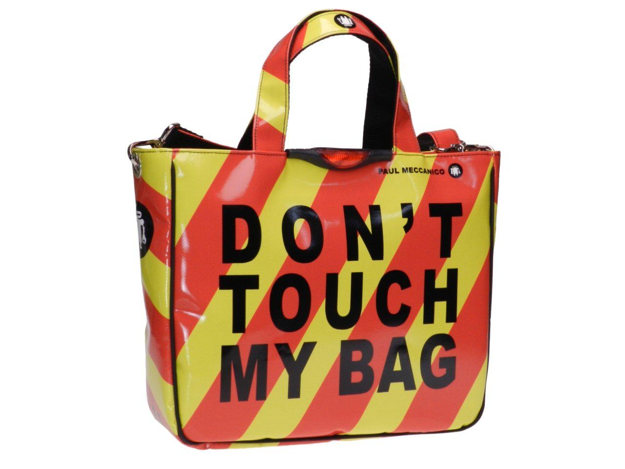 TOTE RED AND YELLOW STRIPES WITH "DON'T TOUCH MY BAG". MODEL GLAM MADE OF LORRY TARPAULIN. - Unique Pieces Paul Meccanico