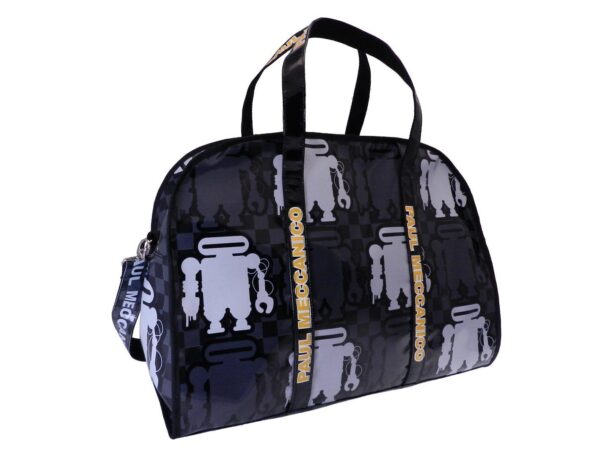 TRAVEL BAG OR SPORTS BAG GREY COLOR WITH ROBOTS FANTASY. RAID MODEL MADE OF LORRY TARPAULIN. - Unique Pieces Paul Meccanico