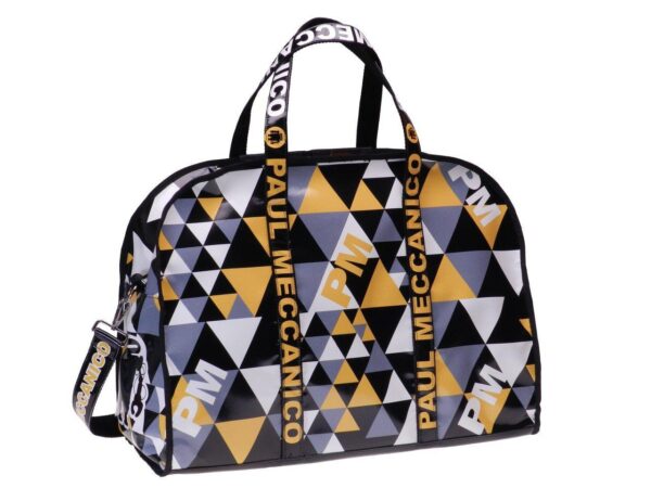 TRAVEL OR SPORTS BAG YELLOW, WHITE, BLACK AND GREY COLOUR GEOMETRIC FANTASY. RAID MODEL MADE OF LORRY TARPAULIN. - Unique Pieces Paul Meccanico