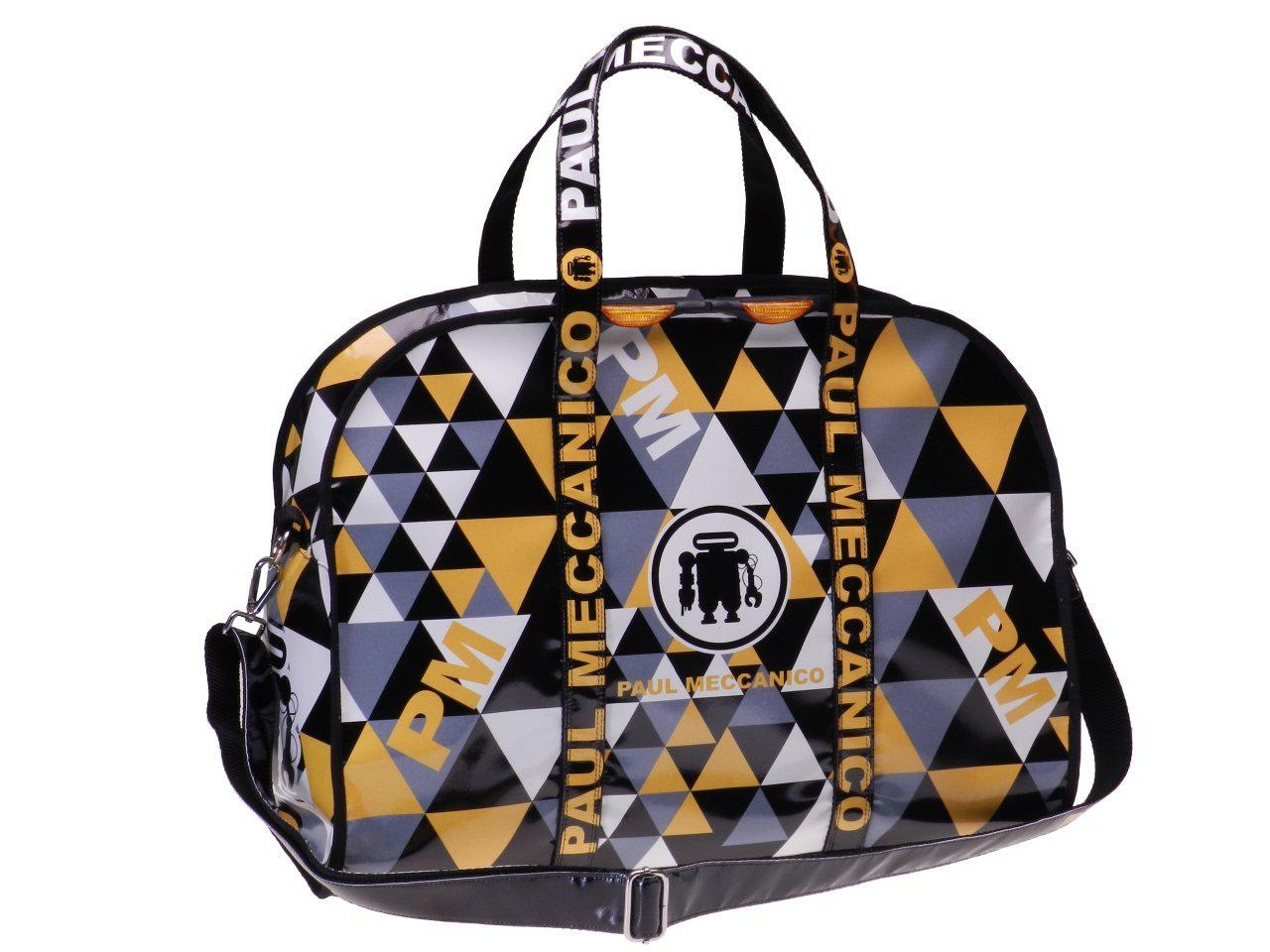TRAVEL OR SPORTS BAG YELLOW, WHITE, BLACK AND GREY COLOUR GEOMETRIC FANTASY. RAID MODEL MADE OF LORRY TARPAULIN. - Unique Pieces Paul Meccanico