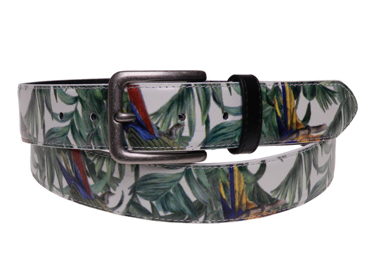 UNISEX BELT WHITE WITH PARROTS PRINT MADE OF LORRY TARPAULIN. - Paul Meccanico