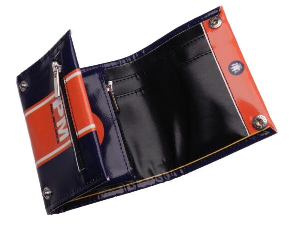 UNISEX WALLET BLUE AND ORANGE COLOURS. MODEL TREK MADE OF LORRY TARPAULIN. - Paul Meccanico