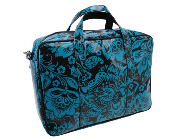 WOMAN BRIEFCASE BLACK AND LIGHT BLUE COLOURS FLORAL FANTASY. KART MODEL MADE OF LORRY TARPAULIN. - Limited Edition Paul Meccanico