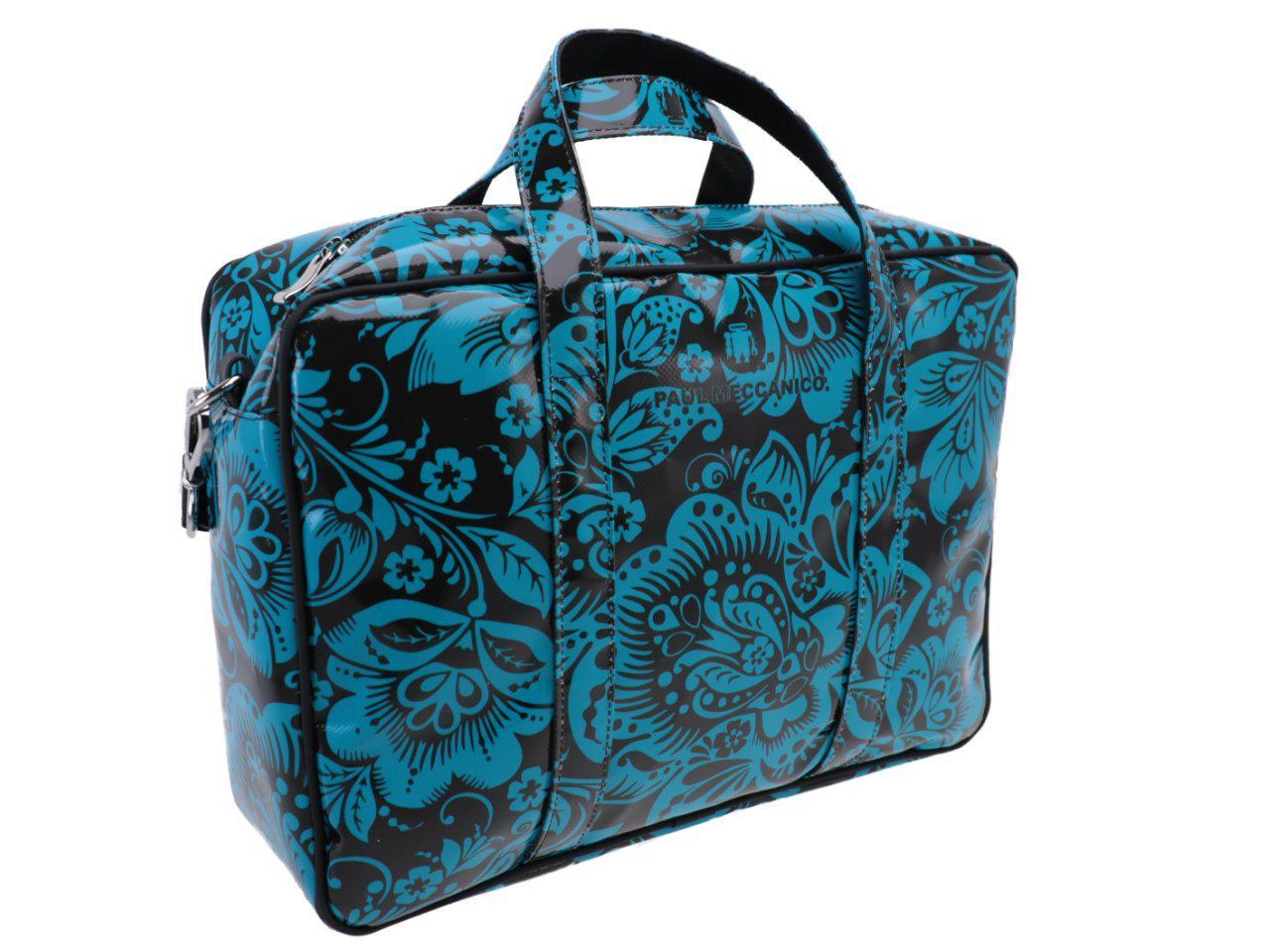 WOMAN BRIEFCASE BLACK AND LIGHT BLUE COLOURS FLORAL FANTASY. KART MODEL MADE OF LORRY TARPAULIN. - Limited Edition Paul Meccanico