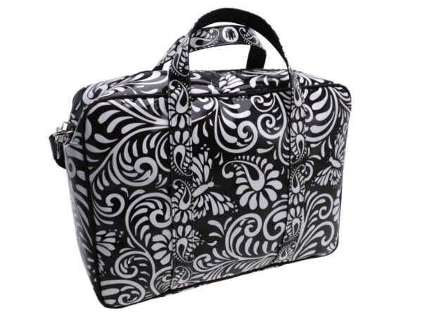 WOMAN BRIEFCASE BLACK AND WHITE COLOURS FLORAL FANTASY. KART MODEL MADE OF LORRY TARPAULIN. - Limited Edition Paul Meccanico