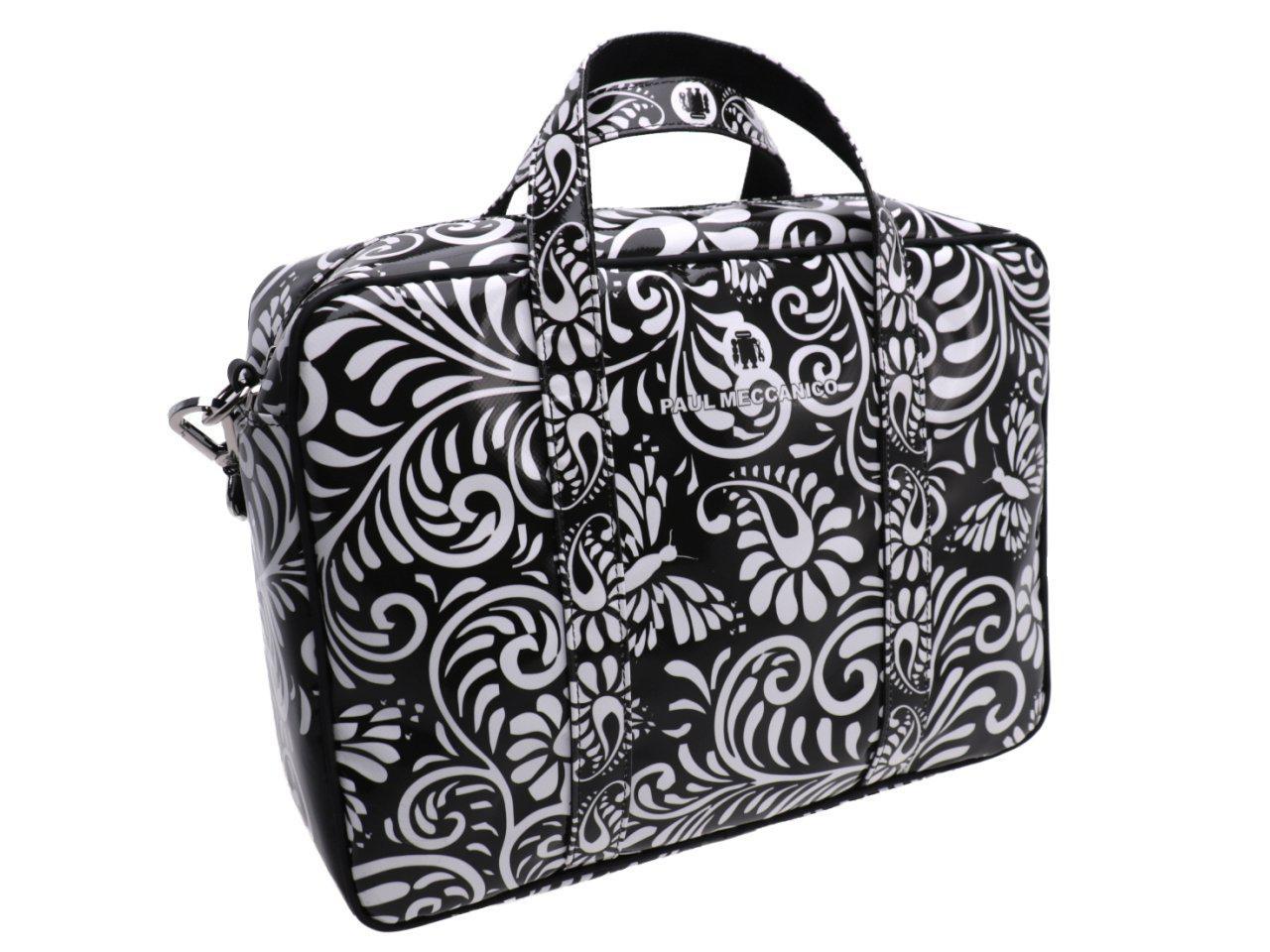 WOMAN BRIEFCASE BLACK AND WHITE COLOURS FLORAL FANTASY. KART MODEL MADE OF LORRY TARPAULIN. - Limited Edition Paul Meccanico