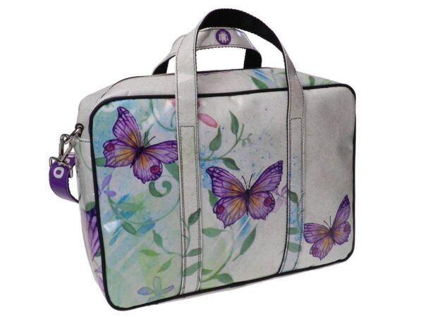 WOMAN BRIEFCASE WHITE COLOUR WITH BUTTERFLIES PRINT. KART MODEL MADE OF LORRY TARPAULIN. - Limited Edition Paul Meccanico
