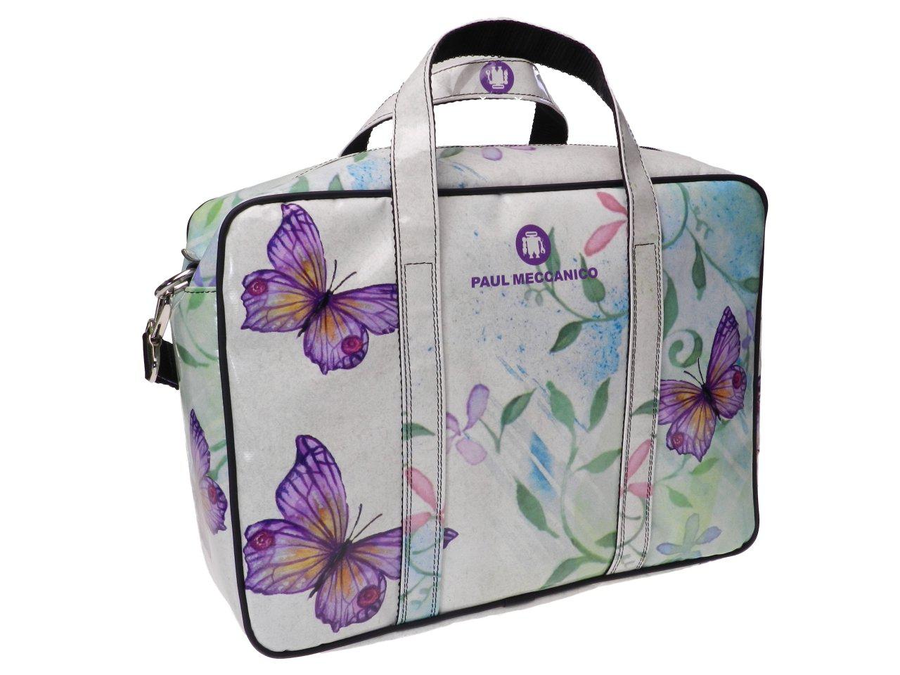 WOMAN BRIEFCASE WHITE COLOUR WITH BUTTERFLIES PRINT. KART MODEL MADE OF LORRY TARPAULIN. - Limited Edition Paul Meccanico