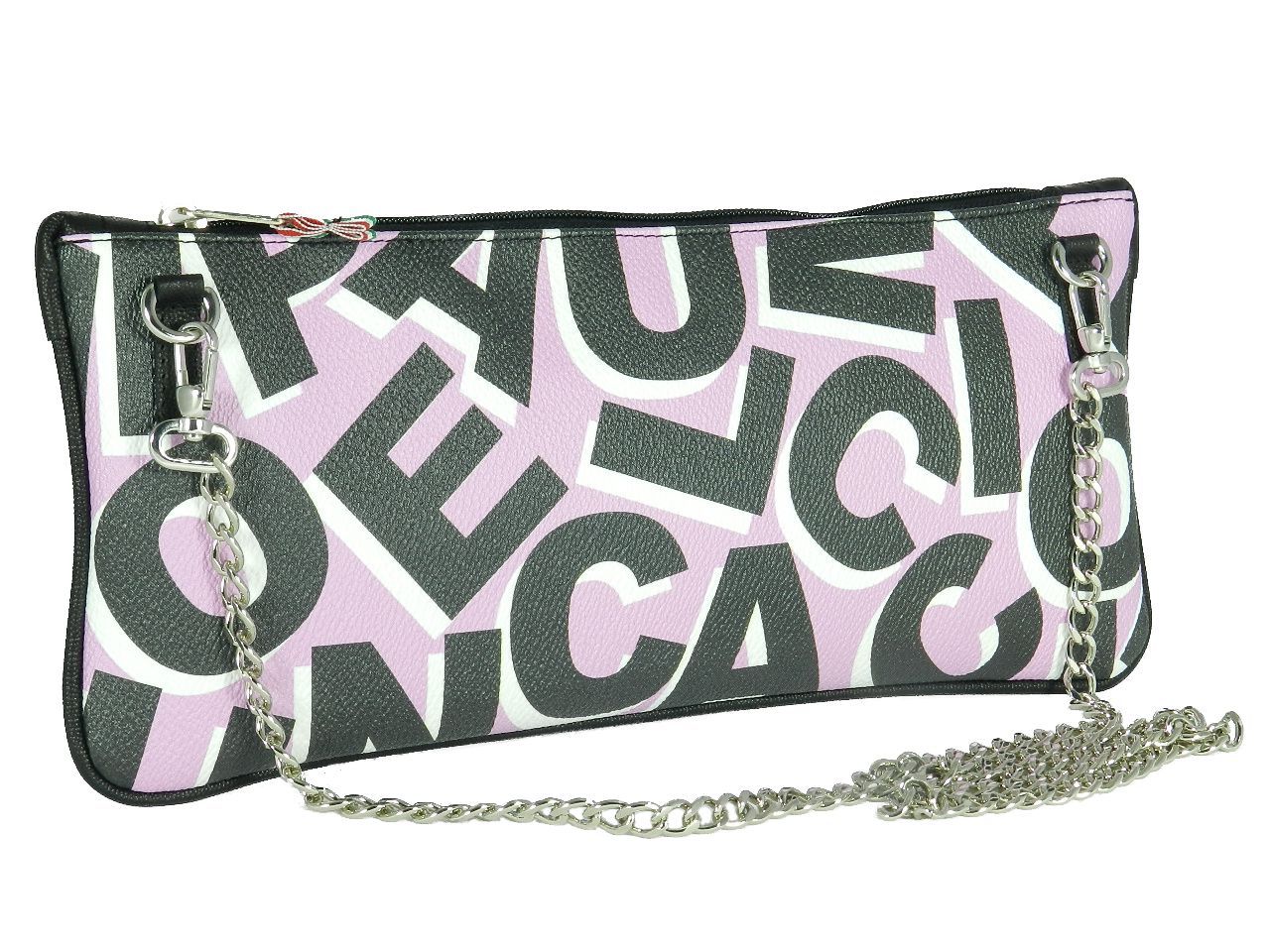 WOMAN' S POCHETTE PAUL MECCANICO MADE OF SYNTHETIC LEATHER. MODEL RIBELLA BLACK AND PINK COLORS LETTERING FANTASY. - Unique Pieces Paul Meccanico