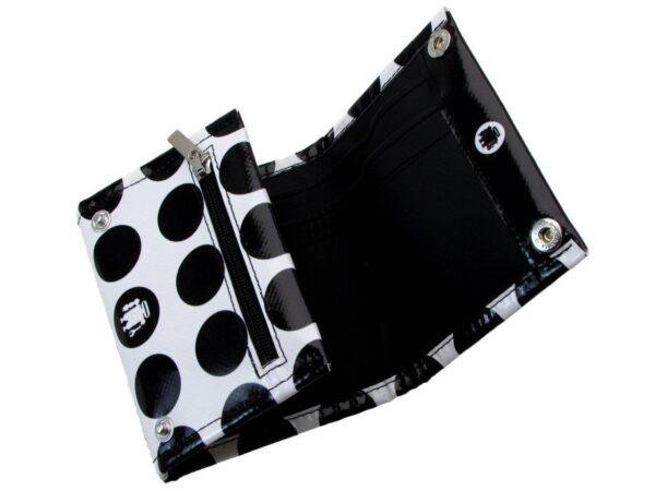 WOMAN WALLET BLACK AND WHITE COLOURS POIS FANTASY. MODEL TREK MADE OF LORRY TARPAULIN. - Paul Meccanico