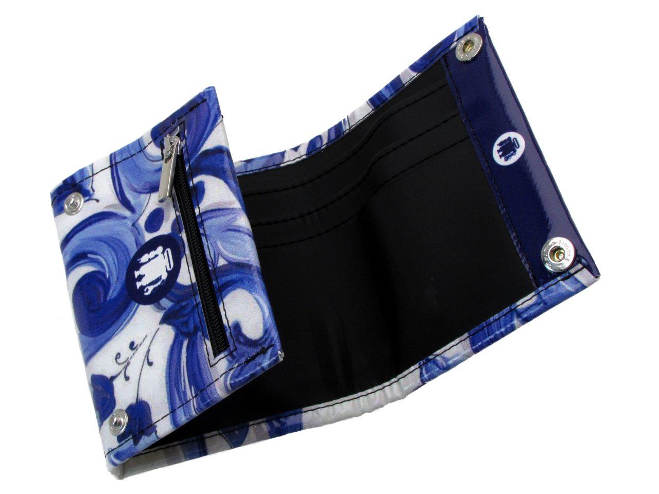 WOMAN WALLET LIGHT BLUE AND WHITE COLOURS MAJOLICA FANTASY. MODEL TREK MADE OF LORRY TARPAULIN. - Paul Meccanico