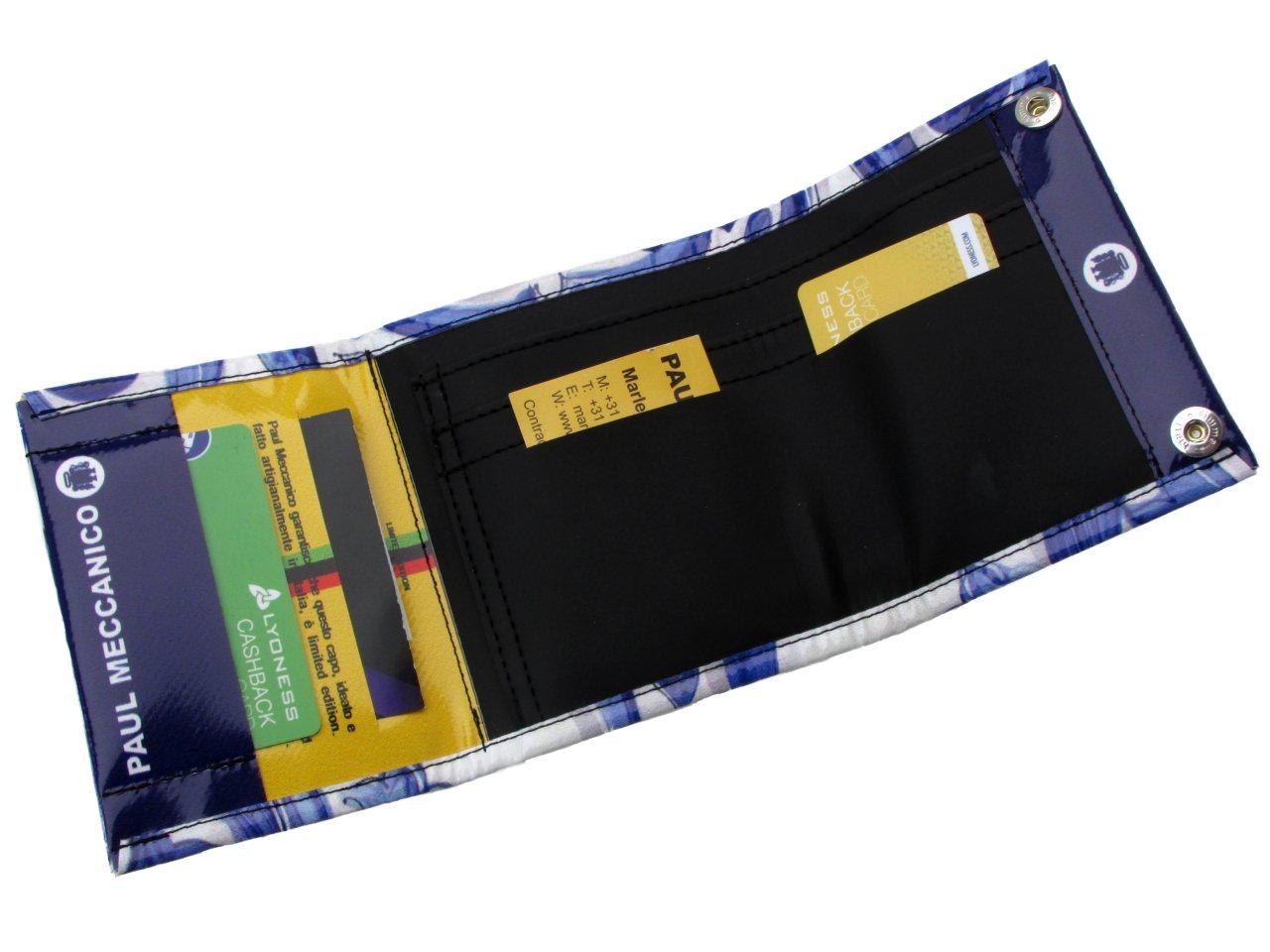 WOMAN WALLET LIGHT BLUE AND WHITE COLOURS MAJOLICA FANTASY. MODEL TREK MADE OF LORRY TARPAULIN. - Paul Meccanico