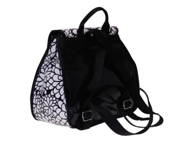 WOMAN'S BACKPACK BLACK AND WHITE WITH FLORAL FANTASY. PULP MODEL MADE OF LORRY TARPAULIN. - Limited Edition Paul Meccanico