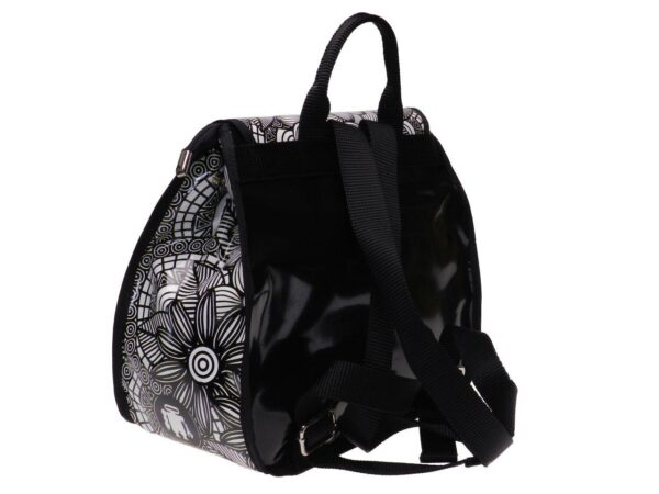 WOMAN'S BACKPACK BLACK AND WHITE WITH FLORAL FANTASY. PULP MODEL MADE OF LORRY TARPAULIN. - Limited Edition Paul Meccanico