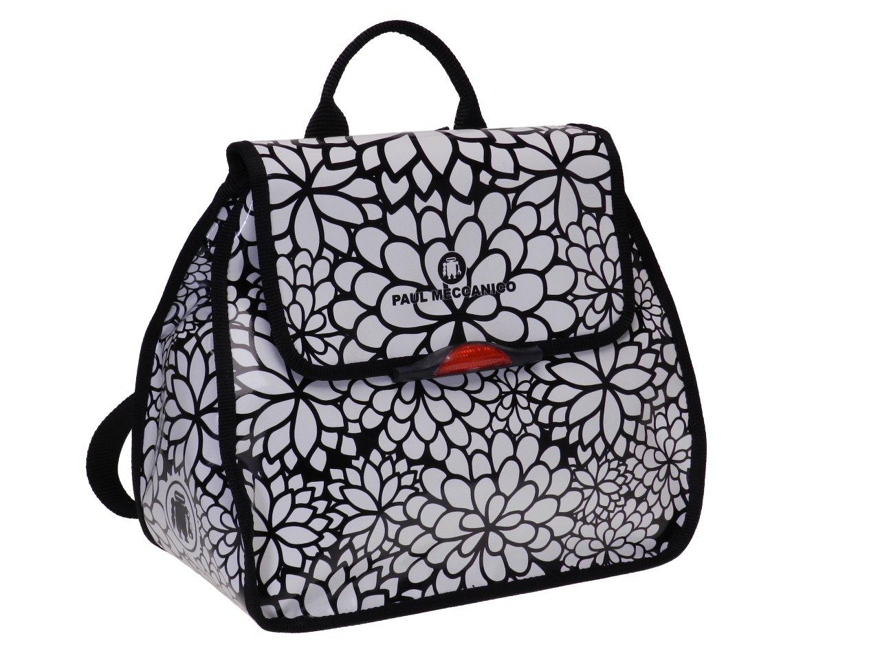WOMAN'S BACKPACK BLACK AND WHITE WITH FLORAL FANTASY. PULP MODEL MADE OF LORRY TARPAULIN. - Limited Edition Paul Meccanico