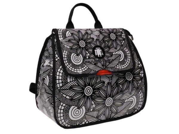 WOMAN'S BACKPACK BLACK AND WHITE WITH FLORAL FANTASY. PULP MODEL MADE OF LORRY TARPAULIN. - Limited Edition Paul Meccanico