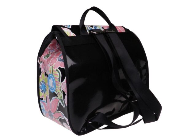 WOMAN'S BACKPACK BLACK COLOUR FLORAL FANTASY. PULP MODEL MADE OF LORRY TARPAULIN. - Limited Edition Paul Meccanico