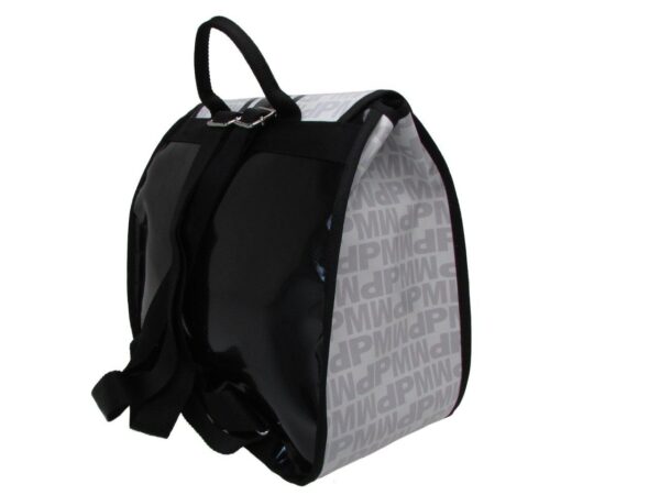 WOMEN'S "BACK BAG" WHITE, BLACK AND GREY WITH LETTERING FANTASY. MODEL PULP MADE OF LORRY TARPAULIN. - Limited Edition Paul Meccanico