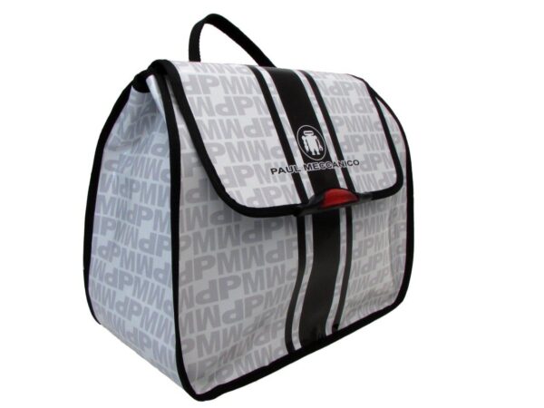 WOMEN'S "BACK BAG" WHITE, BLACK AND GREY WITH LETTERING FANTASY. MODEL PULP MADE OF LORRY TARPAULIN. - Limited Edition Paul Meccanico