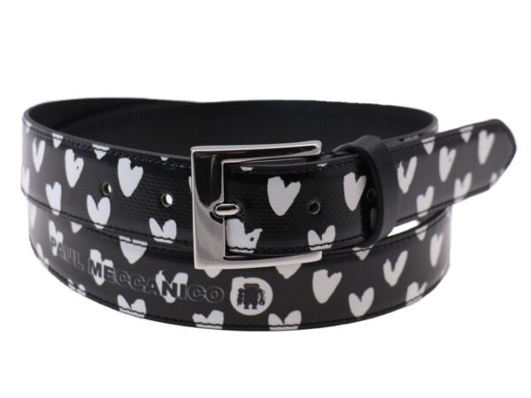 WOMAN'S BELT BLACK AND WHITE COLOURS WITH HEARTS PRINT MADE OF LORRY TARPAULIN - Unique Pieces Paul Meccanico