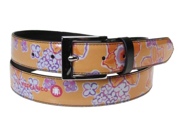 WOMAN'S BELT ORANGE COLOUR FLORAL FANTASY FANTASY MADE OF LORRY TARPAULIN - Unique Pieces Paul Meccanico