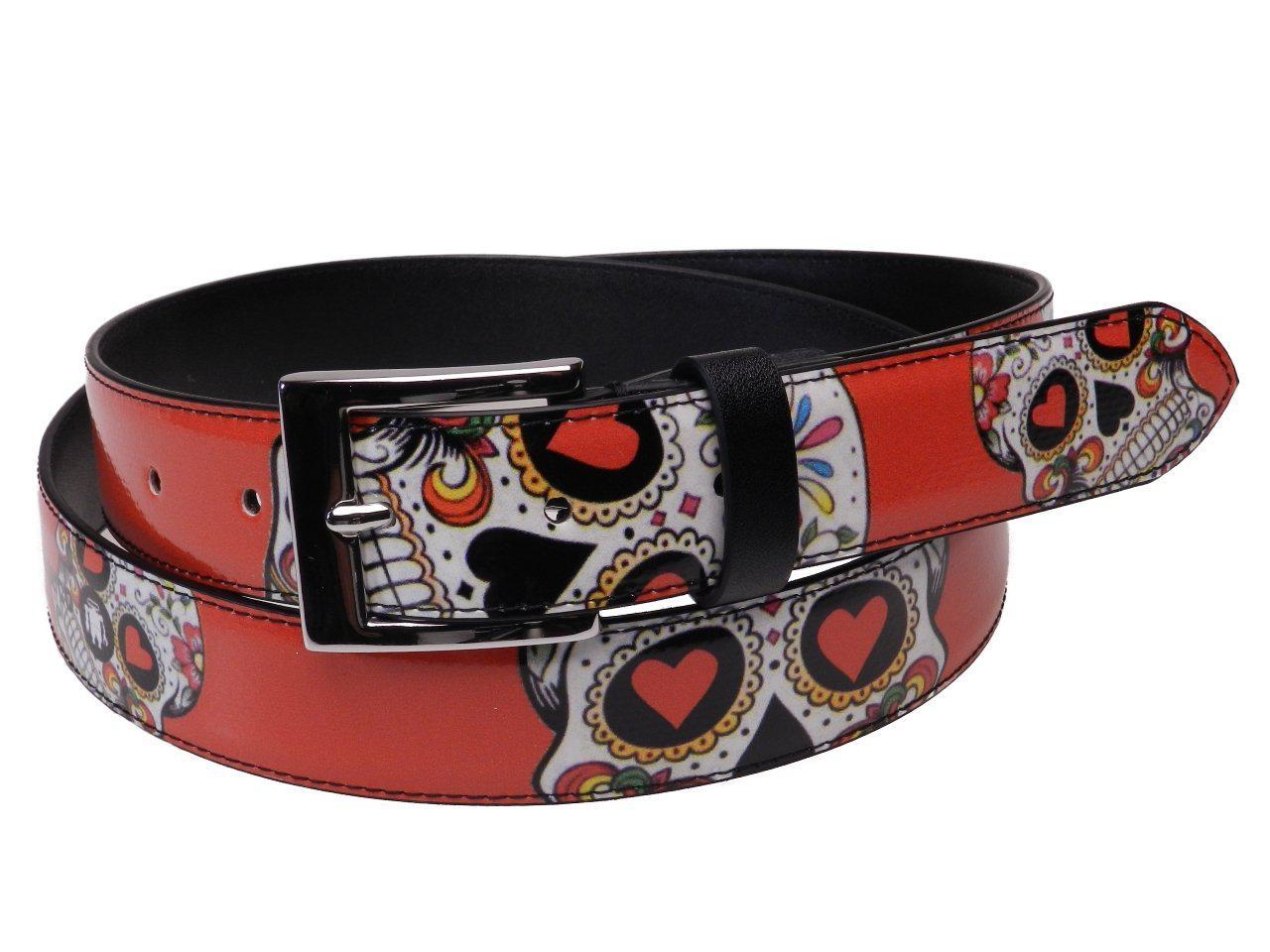 WOMAN'S BELT RED COLOUR WITH SKULLS AND HEARTS PRINT MADE OF LORRY TARPAULIN - Unique Pieces Paul Meccanico