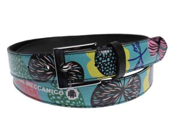 WOMAN'S BELT WATER GREEN WITH FLORAL FANTASY MADE OF LORRY TARPAULIN. - Unique Pieces Paul Meccanico