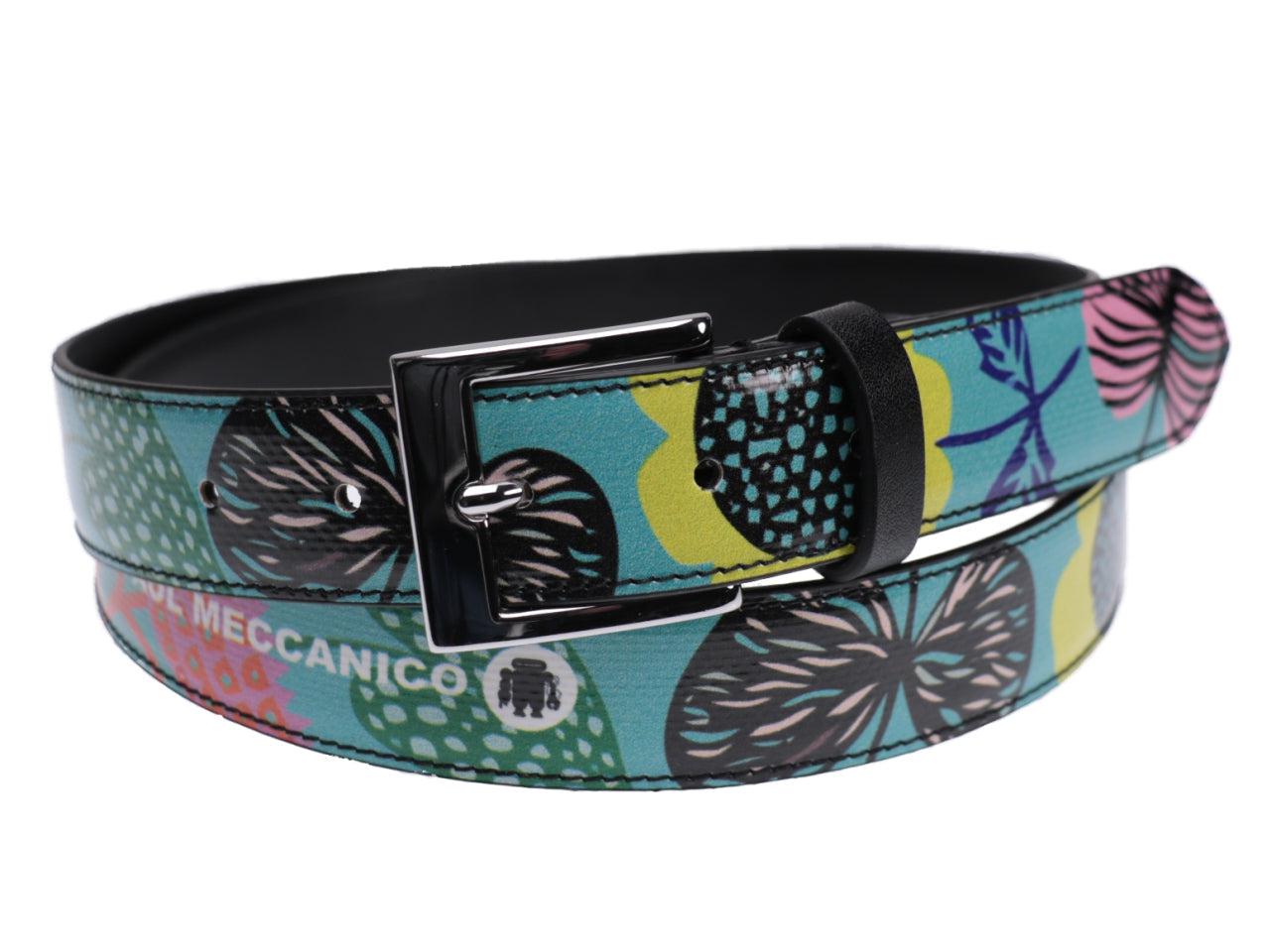 WOMAN'S BELT WATER GREEN WITH FLORAL FANTASY MADE OF LORRY TARPAULIN. - Unique Pieces Paul Meccanico