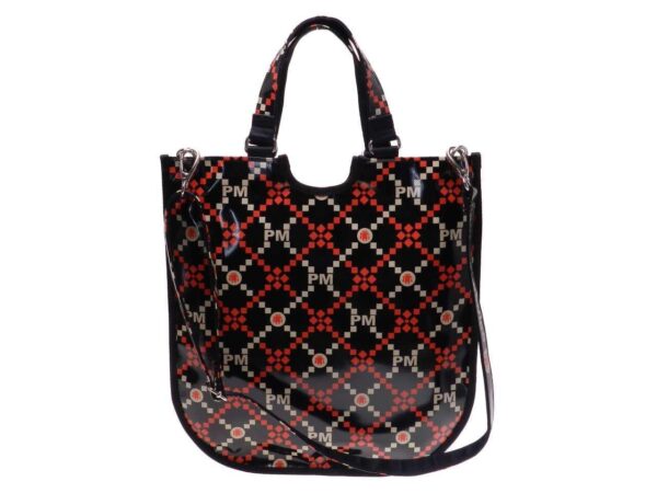 WOMAN'S FLAT BAG BLACK, RED AND BEIGE COLOURS WITH GEOMETRIC FANTASY. FLAT MODEL MADE OF LORRY TARPAULIN. - Paul Meccanico
