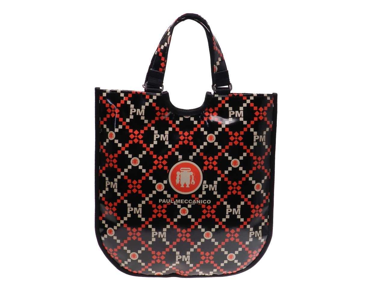 WOMAN'S FLAT BAG BLACK, RED AND BEIGE COLOURS WITH GEOMETRIC FANTASY. FLAT MODEL MADE OF LORRY TARPAULIN. - Paul Meccanico