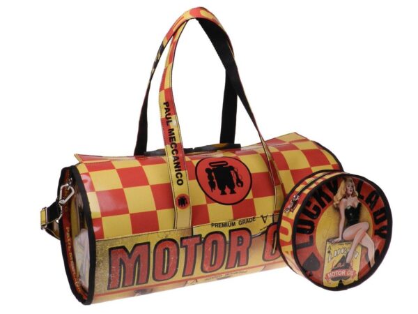 SPORTY BOSTON BAG YELLOW RED WITH PIN UP FANTASY "MOTOR OILS". MODEL ROLLING MADE OF LORRY TARPAULIN. - Unique Pieces Paul Meccanico