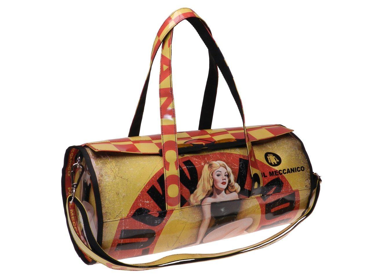 SPORTY BOSTON BAG YELLOW RED WITH PIN UP FANTASY "MOTOR OILS". MODEL ROLLING MADE OF LORRY TARPAULIN. - Unique Pieces Paul Meccanico